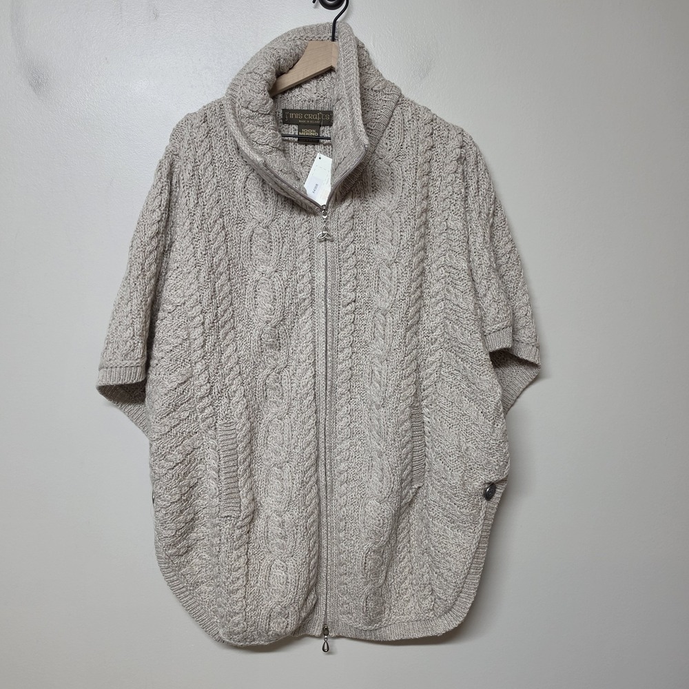Inis Crafts Merino Wool Cable Knit Full Zip Mock Neck Sweater Shrug  M/L Beige